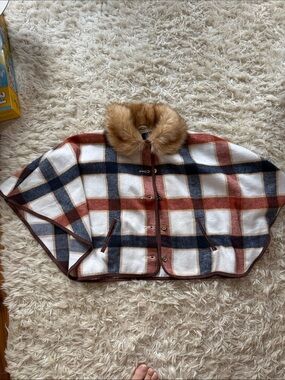 EUC Janie and Jack Plaid Cape Coat with Faux Fur Collar - Rust, Navy & Cream